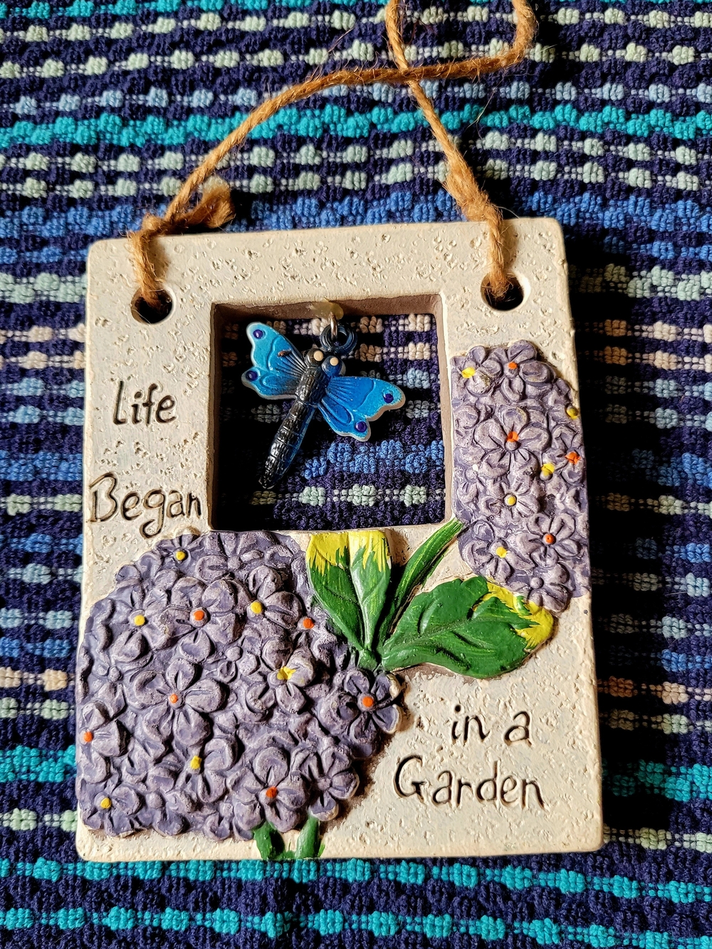 Garden Wall Plaque with Purple Hydrangeas and Blue Dragonfly